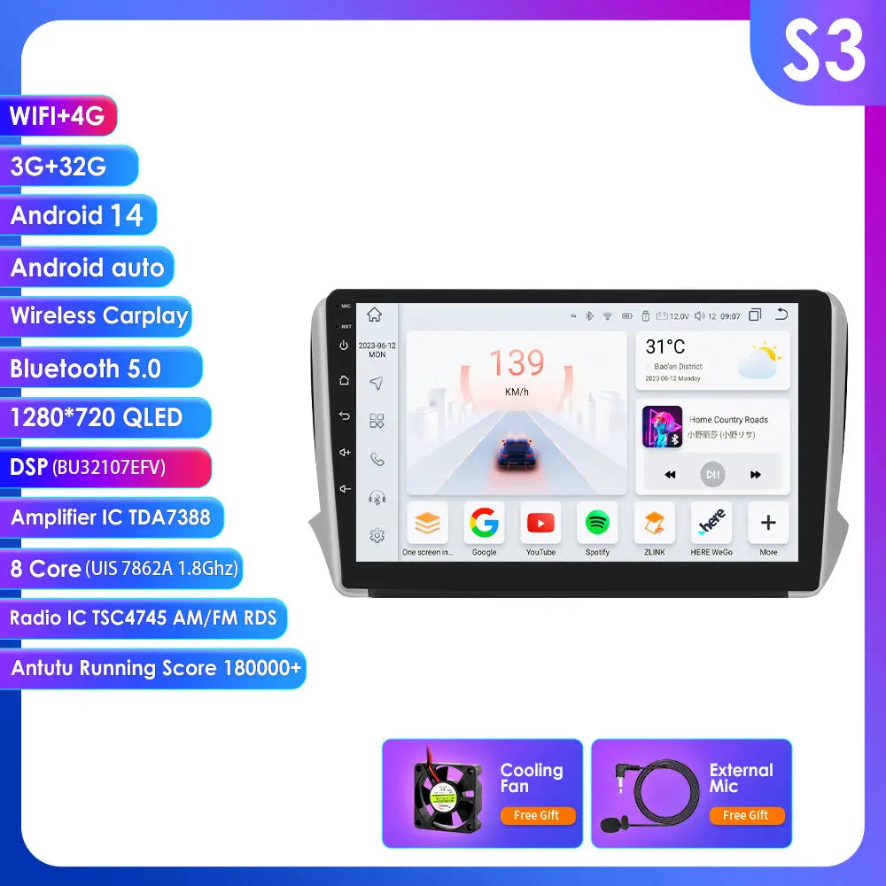 Peugeot 208 2008 Series 2012-2018 9" Android 14 Carplay Android auto wireless wifi bt gps 4g AUTM0LAH