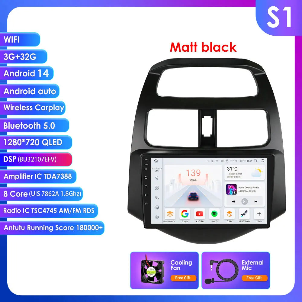 Chevrolet Spark Beat Matiz Creative 2010-2014 9" Android 14 Carplay Android auto wireless wifi bt gps 4g AUTMTPT1