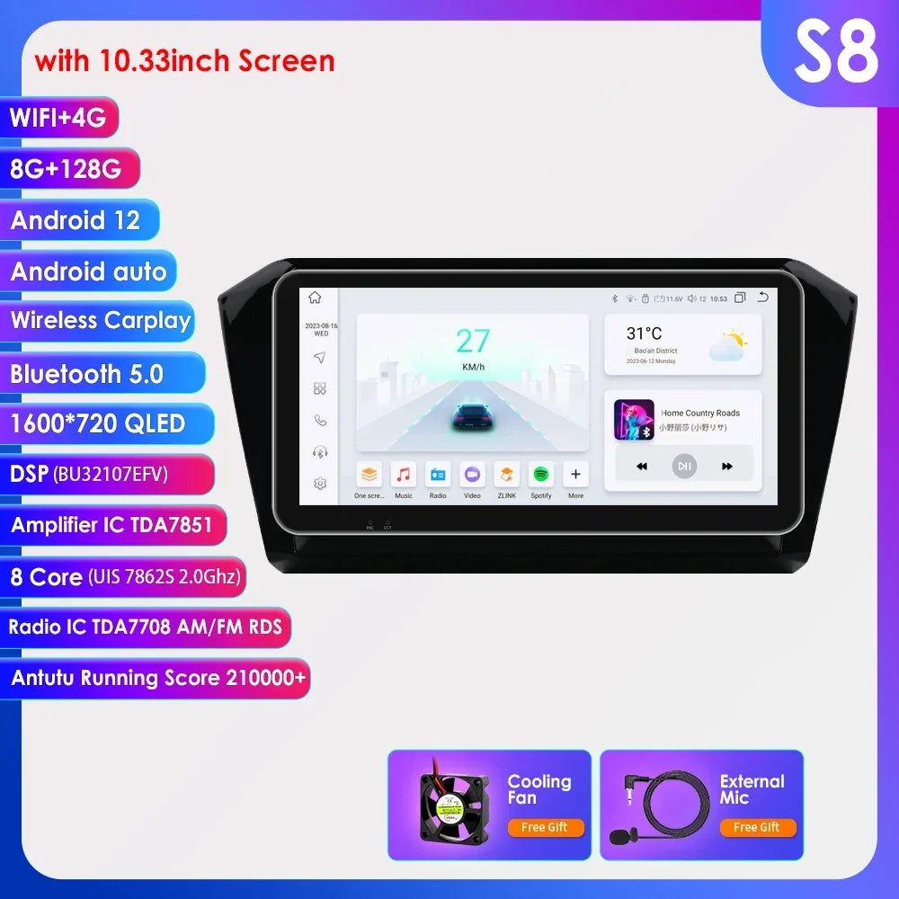 VW Passat B8 2014 -2023 10,1" Android 14 Carplay Android auto wireless wifi bt gps 4g AUTMP6CD
