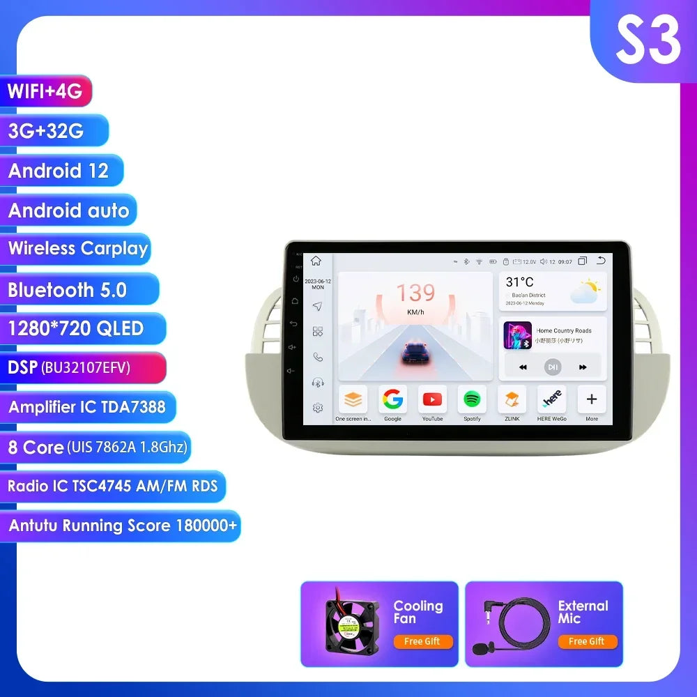 FIAT 500 2007-2015 9" Android 14 Carplay Android auto wireless wifi bt gps 4g AUTMMD9W