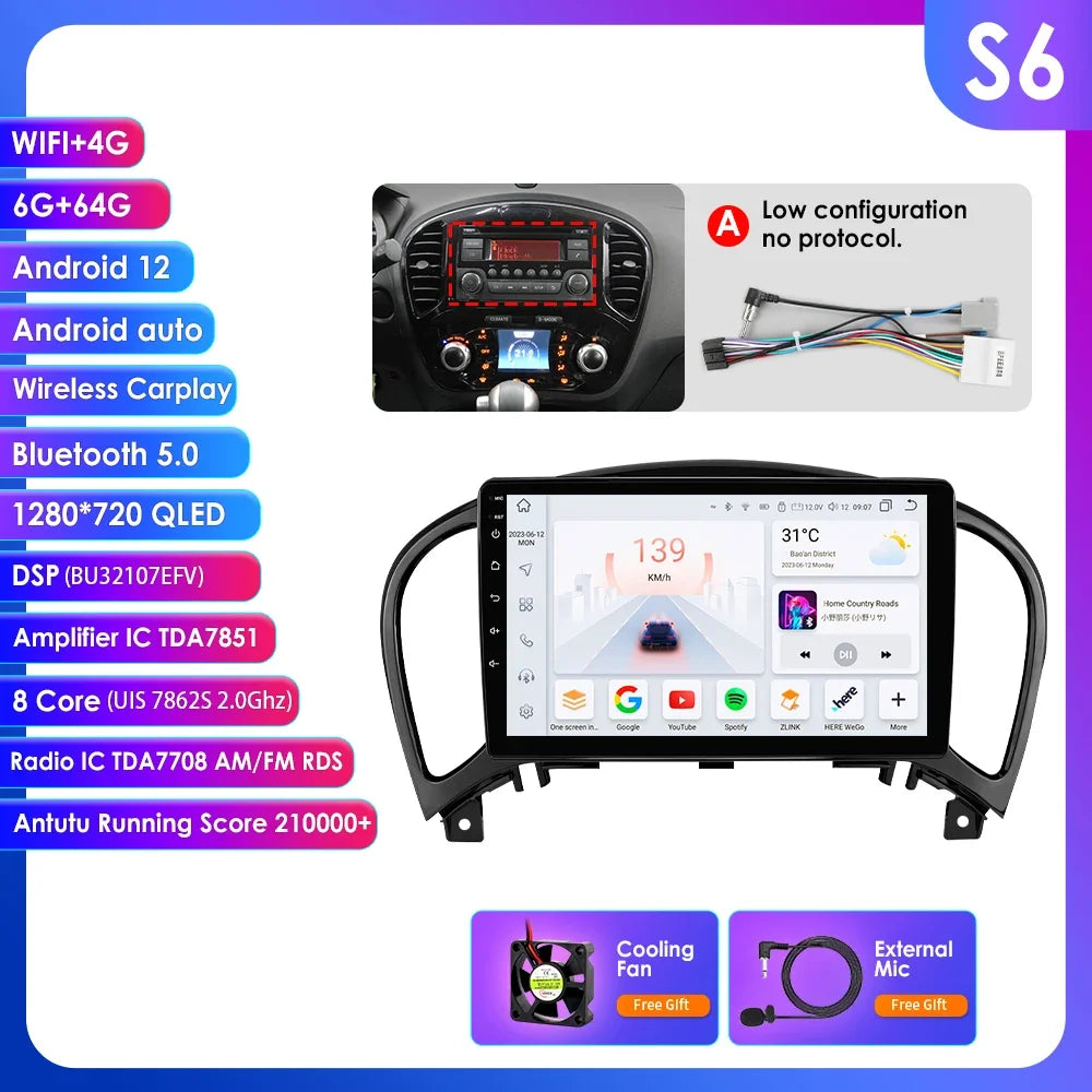 Nissan Juke YF15 2010-2014 9" Android 14 Carplay Android auto wireless wifi bt gps 4g AUTMKJSN