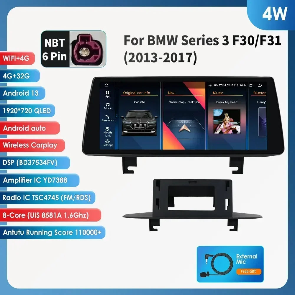 BMW 3 BMW 4 Series F30 F31 NBT 10,25" Android 14 Carplay Android auto wireless wifi bt gps 4g AUTMYBR6