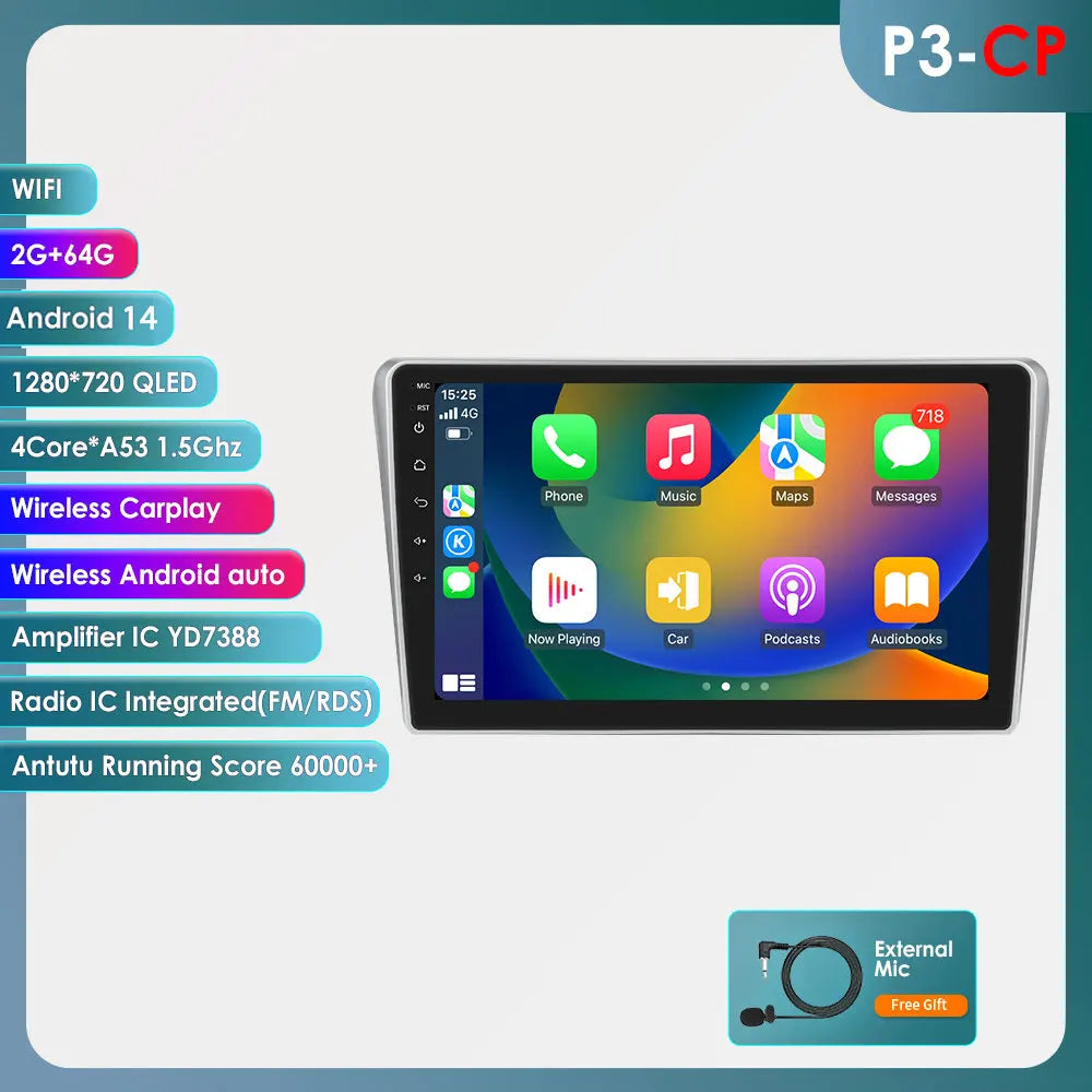 Toyota Avensis T25 2002- 2008 9" Android 14 Carplay Android auto wireless wifi bt gps 4g AUTM01HZ