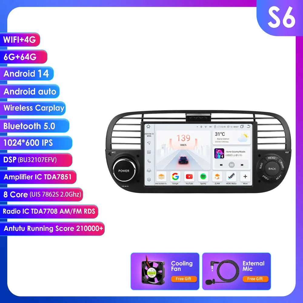 Fiat 500 2007 - 2015 7" Android 14 Carplay Android auto wireless wifi bt gps 4g AUTM7QGL