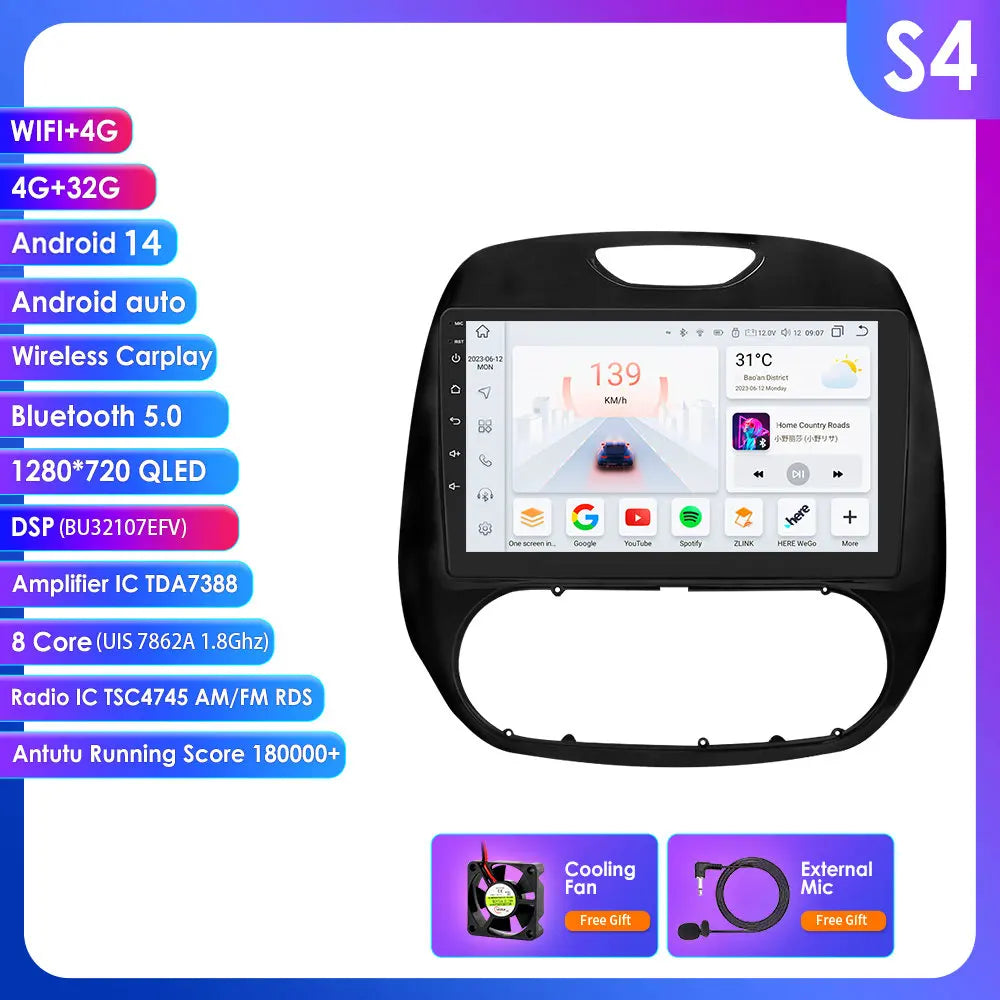 Renault Kaptur Captur 2016-2019 9" Android 14 Carplay Android auto wireless wifi bt gps 4g AUTMG9L6