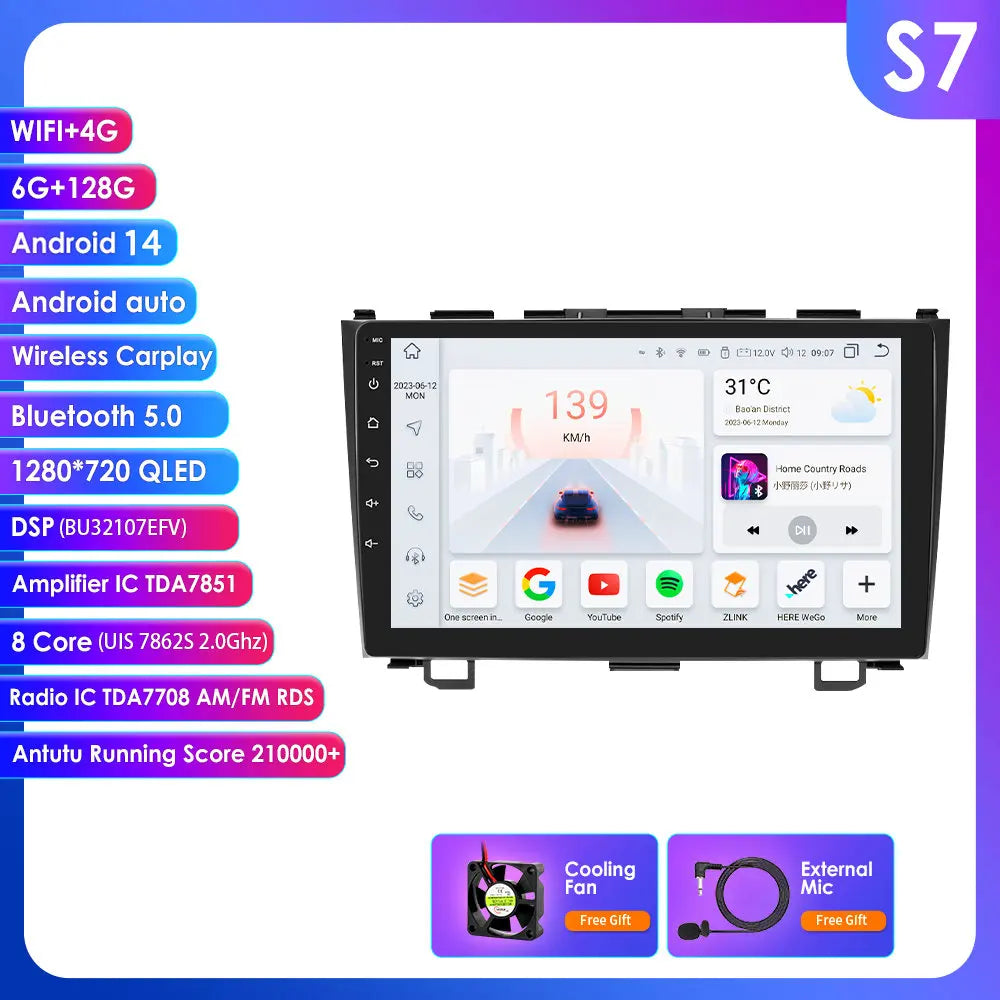 Honda CRV CR-V 2007-2011 9" Android 14 Carplay Android auto wireless wifi bt gps 4g AUTML773G