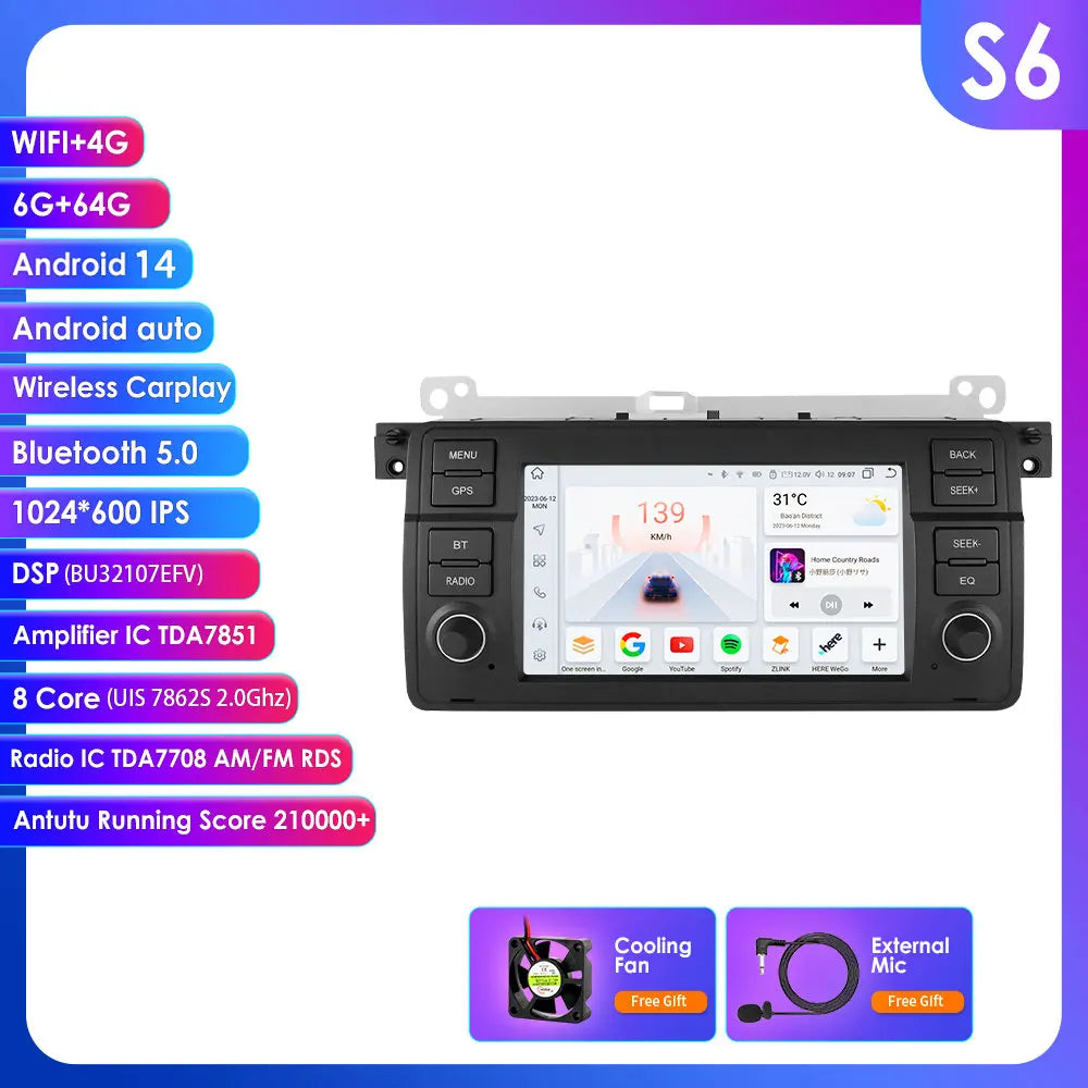BMW E46 M3 Rover 75 Coupe 318/320/325/330/335 7" Android 14 Carplay Android auto wireless wifi bt gps 4g AUTMV3CK