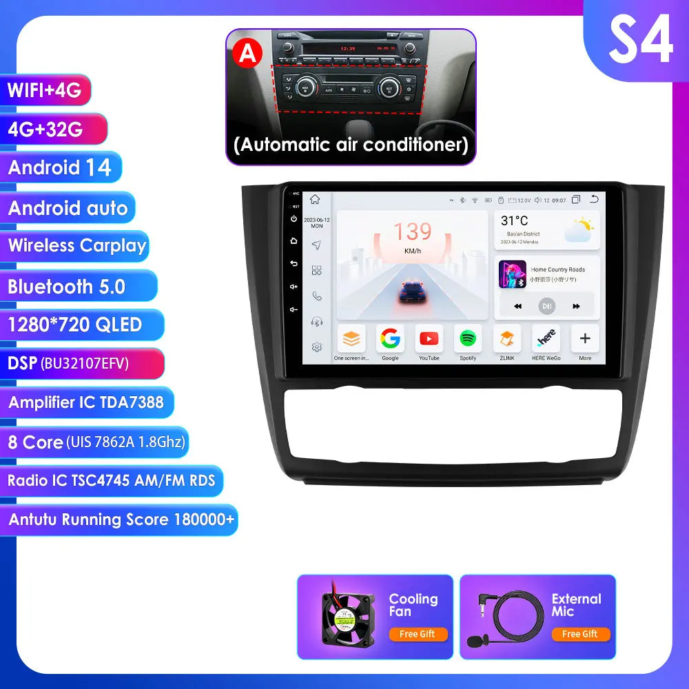BMW 1 Series E81 E82 E87 E88 2004-2011 9" Android 14 Carplay Android auto wireless wifi bt gps 4g AUTM9KFA