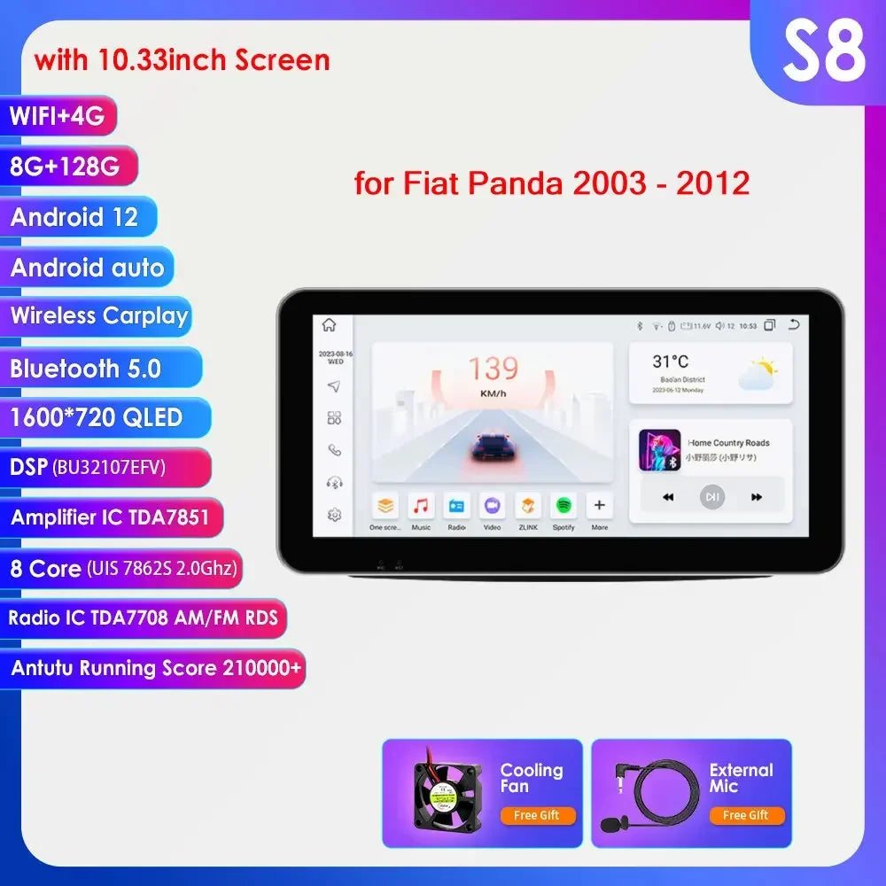 Fiat Panda 2003 - 2012 9" Android 14 Carplay Android auto wireless wifi bt gps 4g AUTMWUM9