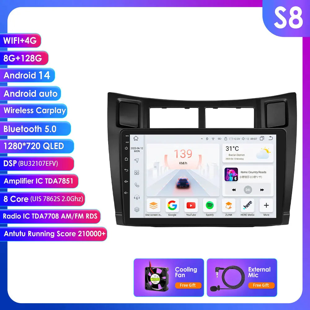 Toyota Yaris 2005-2012 9" Android 14 Carplay Android auto wireless wifi bt gps 4g AUTMT2N6