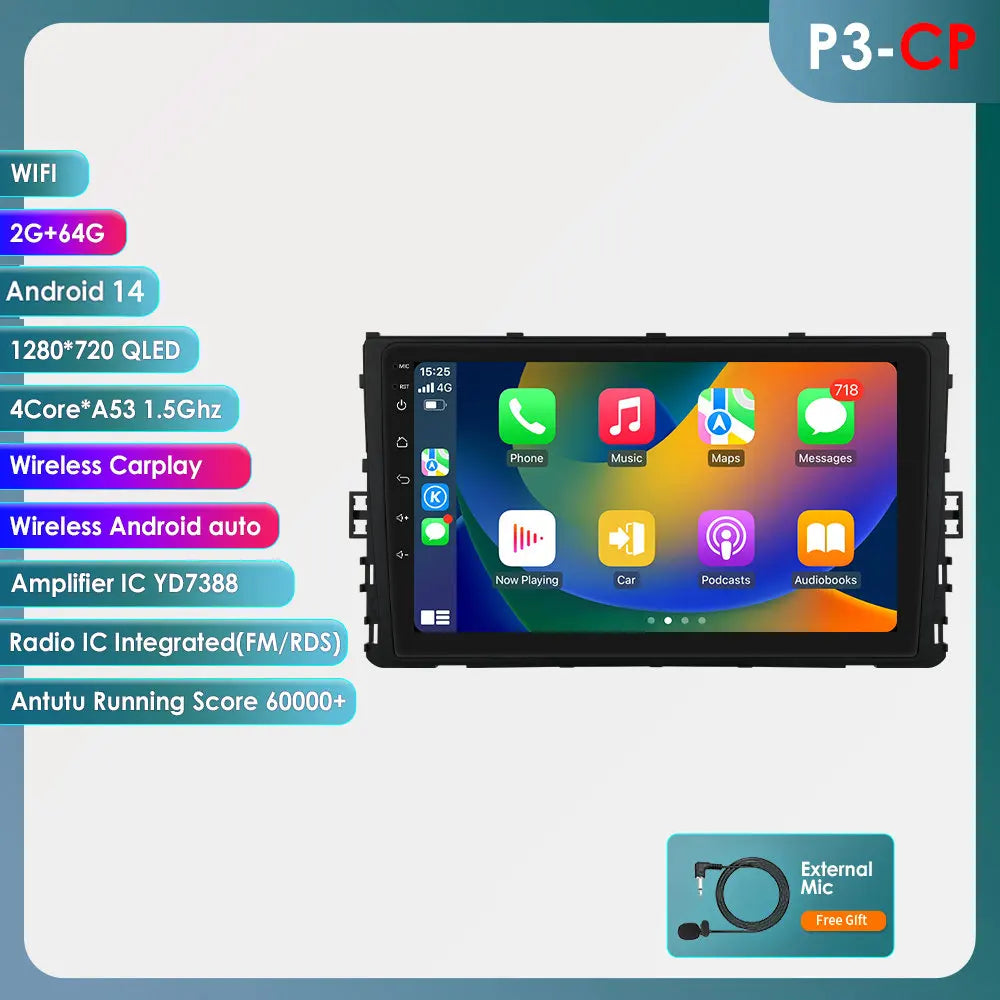 VW MQB Polo Plus T-Cross Zoals T-Kruis T-Roc Tharu Sagitar 9" Android 14 Carplay Android auto wireless wifi bt gps 4g AUTMLMGF