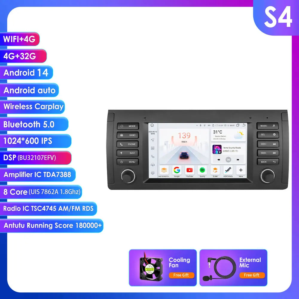 BMW 5 Series E39 X5 E53 M5 1996-2003 9" Android 14 Carplay Android auto wireless wifi bt gps 4g AUTMK1HA