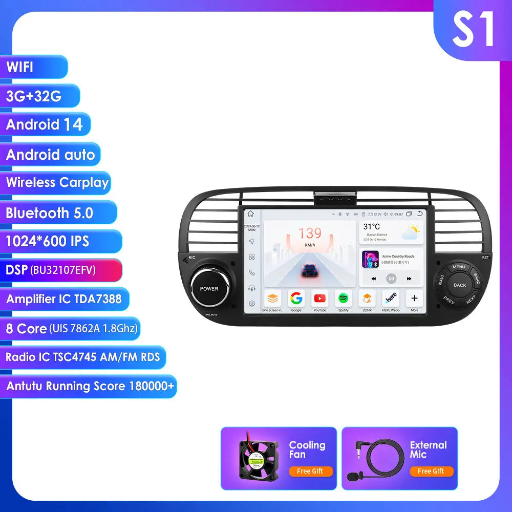 Fiat 500 2007 - 2015 7" Android 14 Carplay Android auto wireless wifi bt gps 4g AUTM7QGL