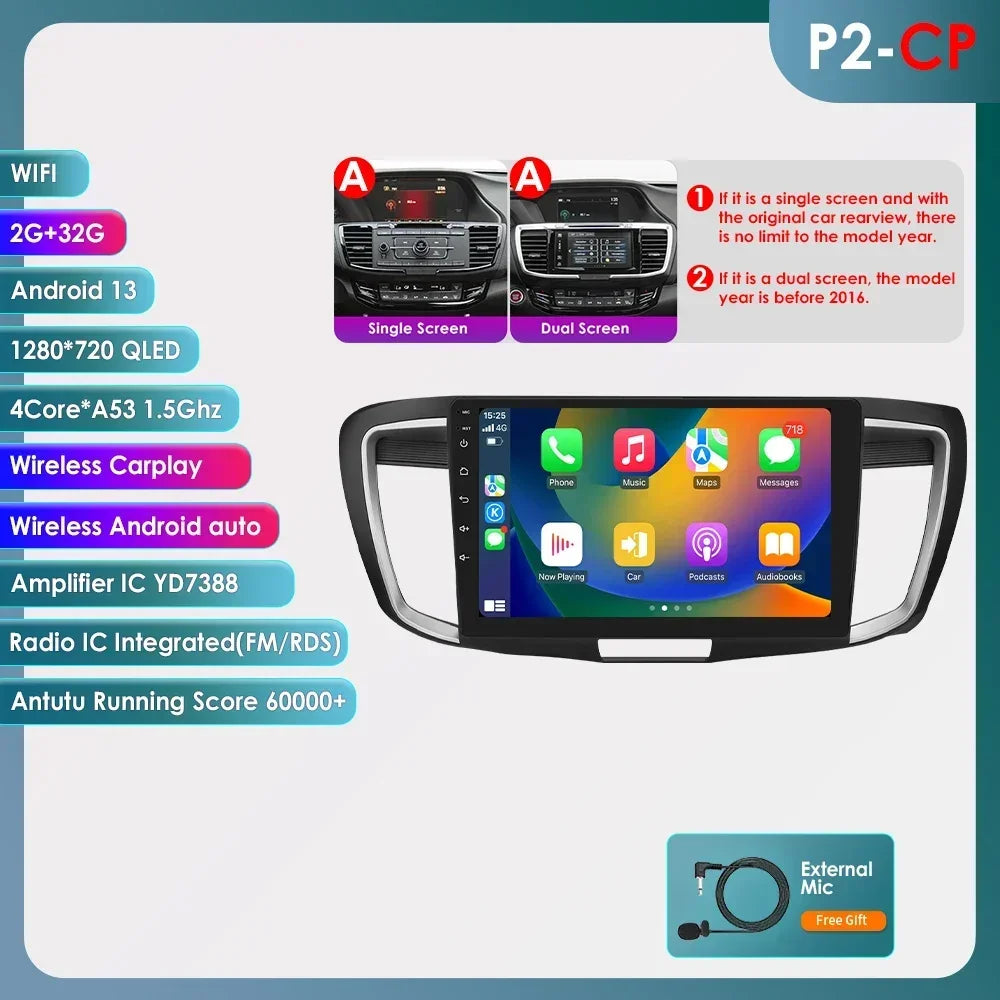 Honda ACCORD 9 2.0L 2.4L 2012 -2018 9" Android 14 Carplay Android auto wireless wifi bt gps 4g AUTMA22DH