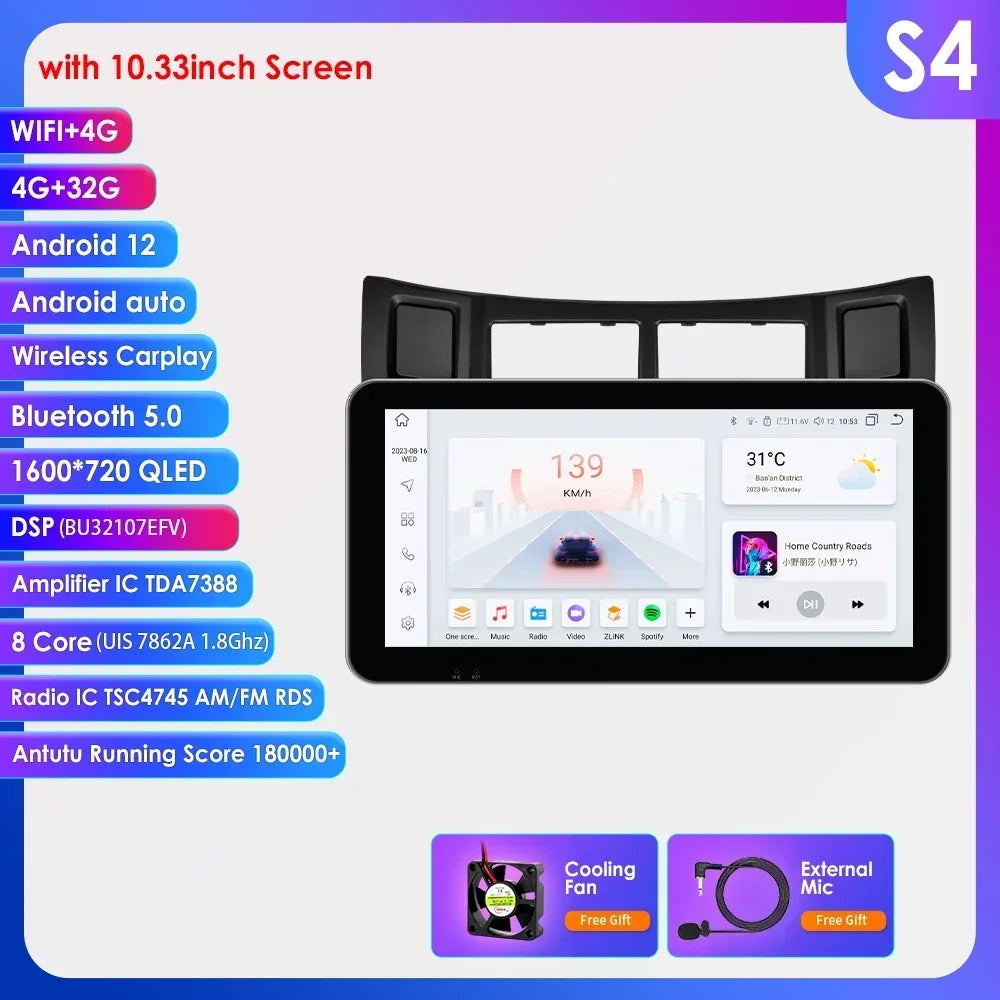 Toyota Yaris 2005-2012 9" Android 14 Carplay Android auto wireless wifi bt gps 4g AUTMT2N6