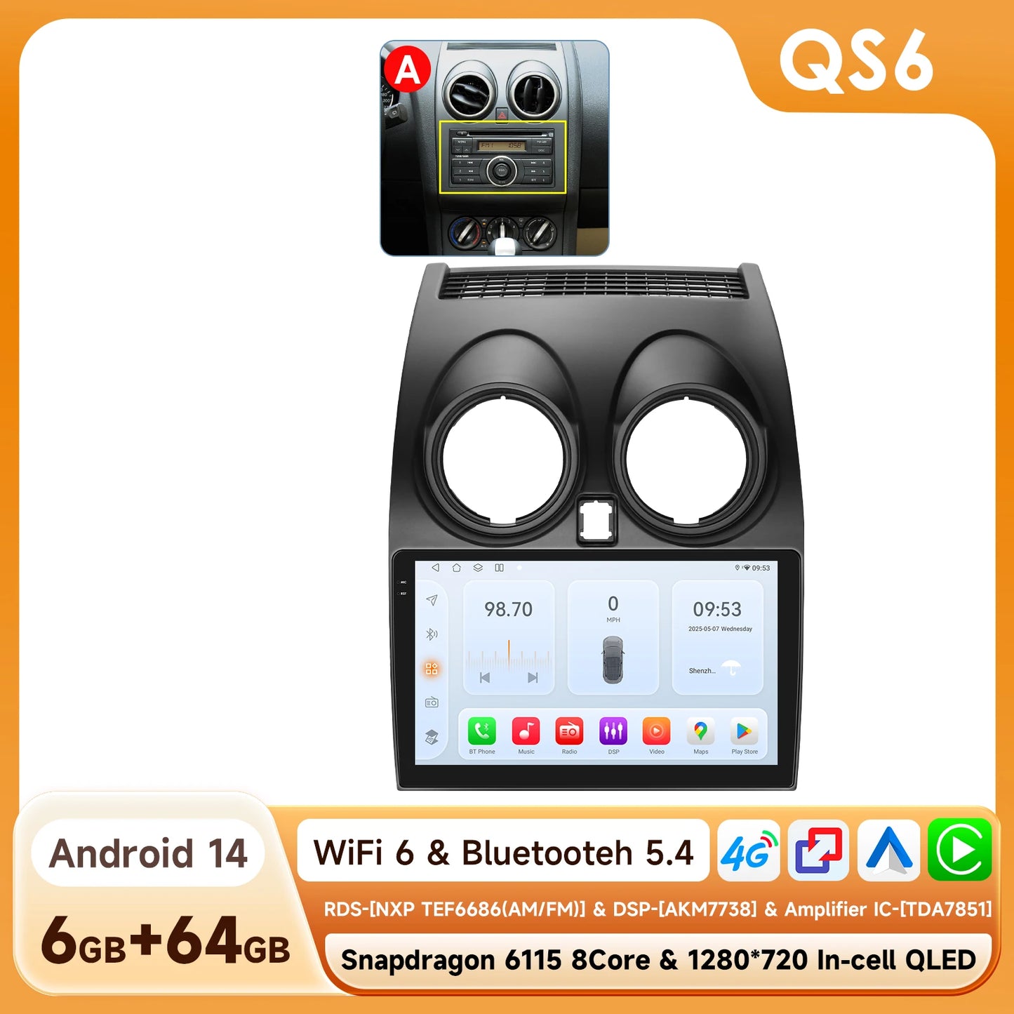 Nissan Qashqai J10 2006-2013 9" Android 14 Carplay Android auto wireless wifi bt gps 4g AUTM63FU