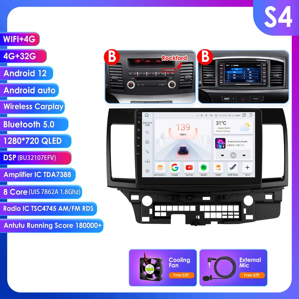 Mitsubishi Lancer 2007-2012 9" Android 14 Carplay Android auto wireless wifi bt gps 4g AUTMLCRMT