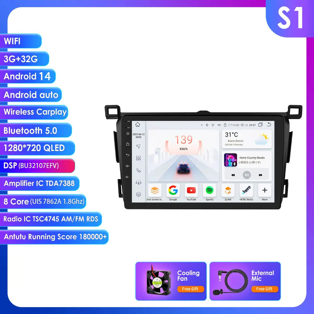 Toyota RAV4 Rav 4 2013-2018 9" Android 14 Carplay Android auto wireless wifi bt gps 4g AUTM4VARTY