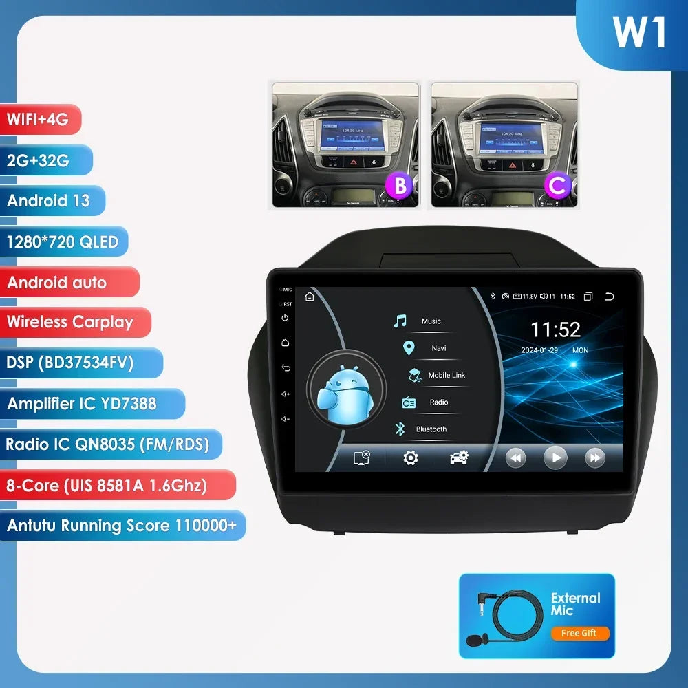 Hyundai Tucson 2 LM IX35 2009-2015 9" / 10,33" Android 14 Carplay Android auto wireless wifi bt gps 4g AUTMKXK8