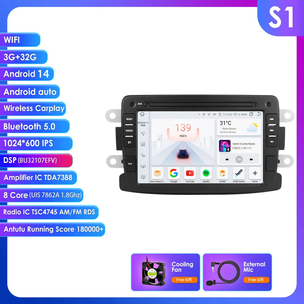 Dacia Logan Dokker Duster Sandero Lodgy Renault Captur 2011-2017 7" Android 14 Carplay Android auto wireless wifi bt gps 4g AUTMSQF6