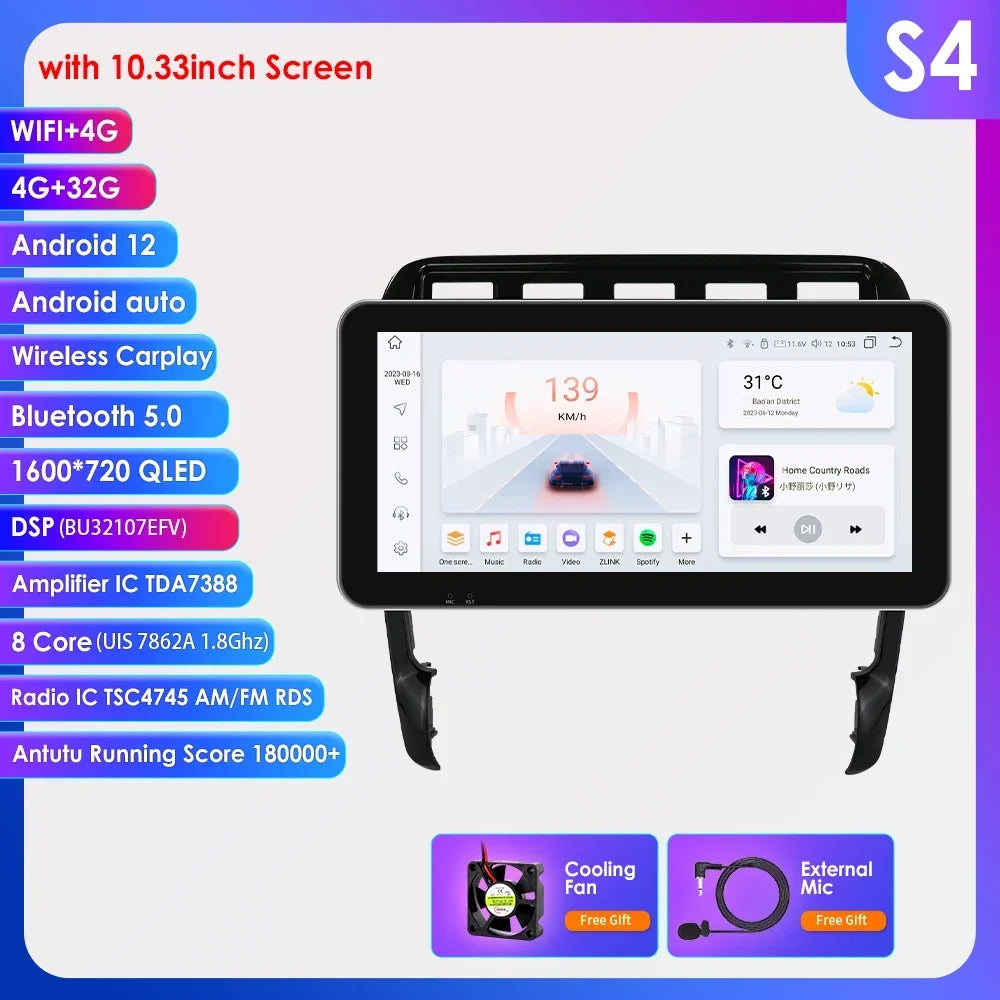 Porsche Cayenne 2002 - 2010 9" Android 14 Carplay Android auto wireless wifi bt gps 4g AUTM29SA
