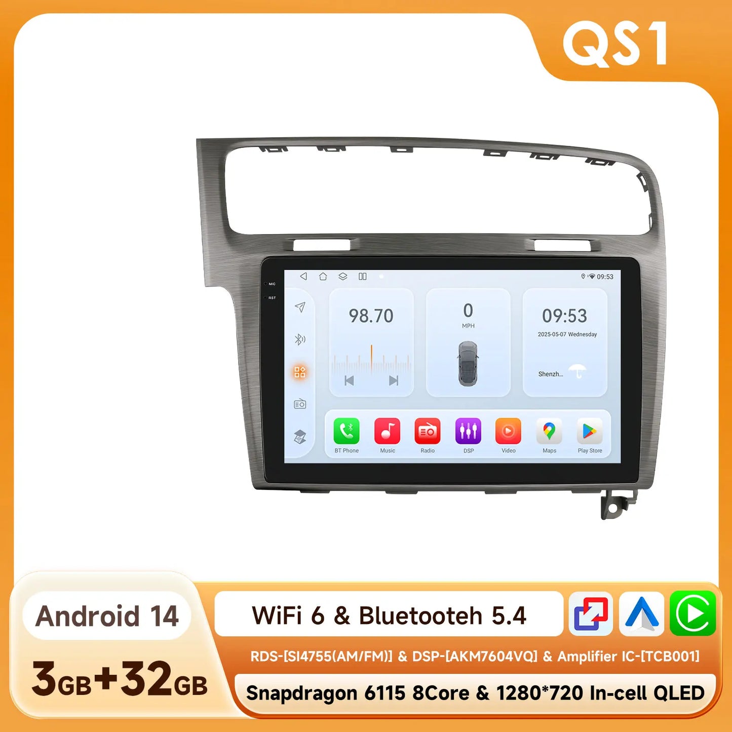 Volkswagen VW Golf 7 2013-2017 10,1"" Android 14 Carplay Android auto wireless wifi bt gps 4g AUTMKDPF