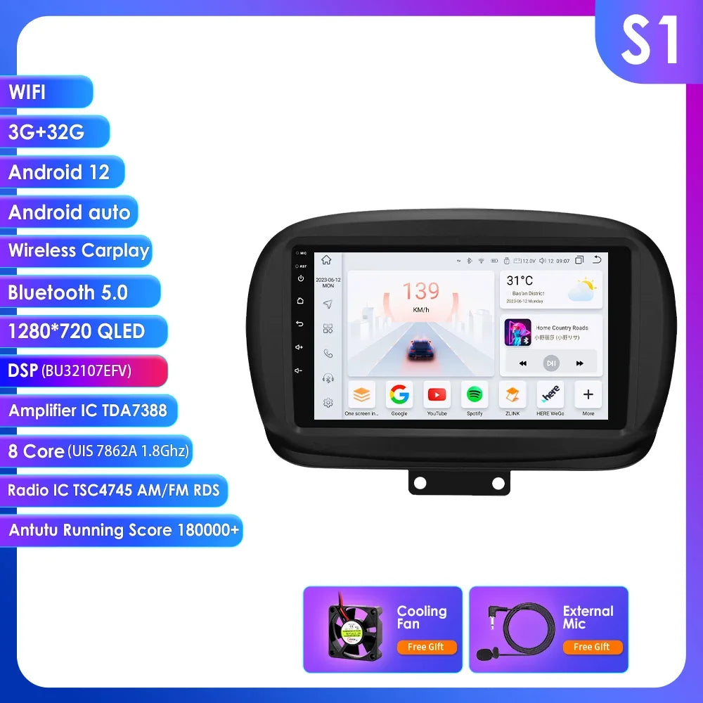 FIAT 500X 2014-2020 9" Android 14 Carplay Android auto wireless wifi bt gps 4g AUTMXDQZ
