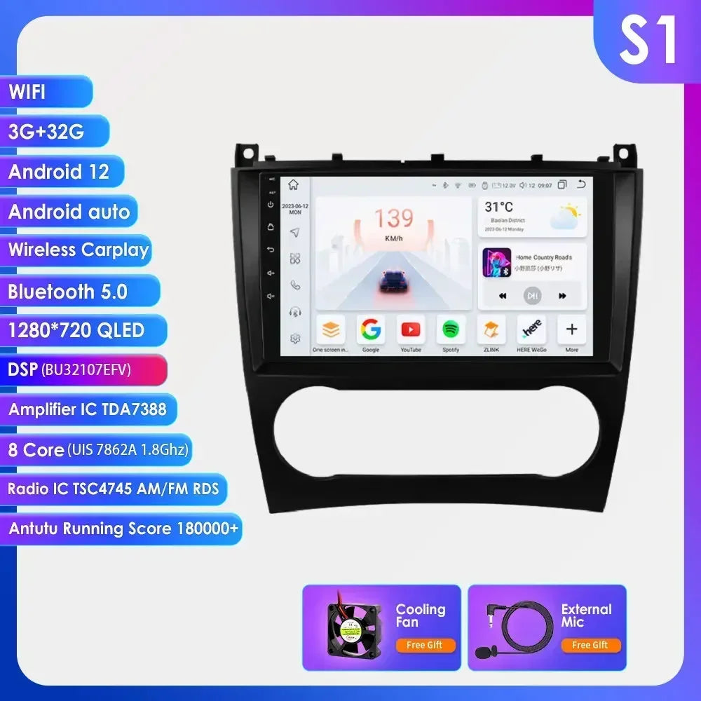 Mercedes Benz CLC W203 C-Class C180 C200 CLK200 CLK W209 9" / 10,33" Android 14 Carplay Android auto wireless wifi bt gps 4g AUTMNWKX
