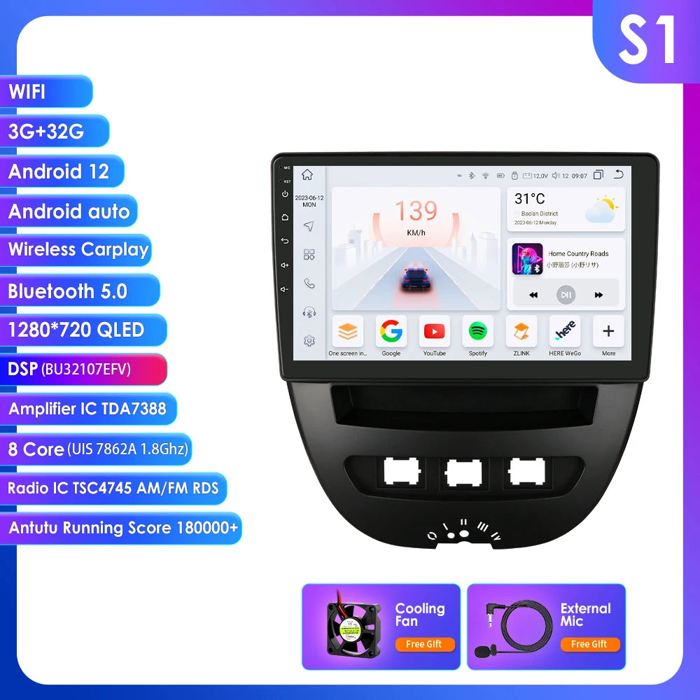 Peugeot 107 Toyota Aygo Citroen C1 9" Android 14 Carplay Android auto wireless wifi bt gps 4g AUTMH3FI