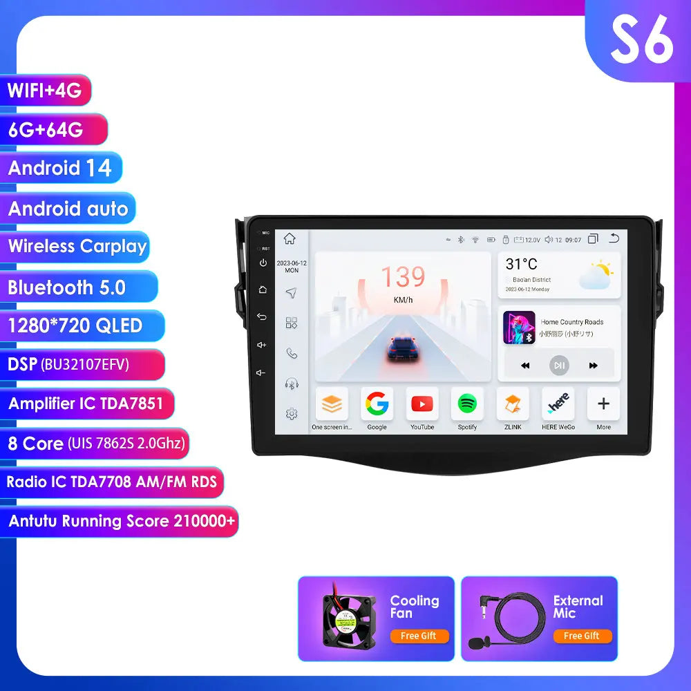 Toyota RAV4 RAV 4 2006 - 2012 9" Android 14 Carplay Android auto wireless wifi bt gps 4g AUTM6VGT