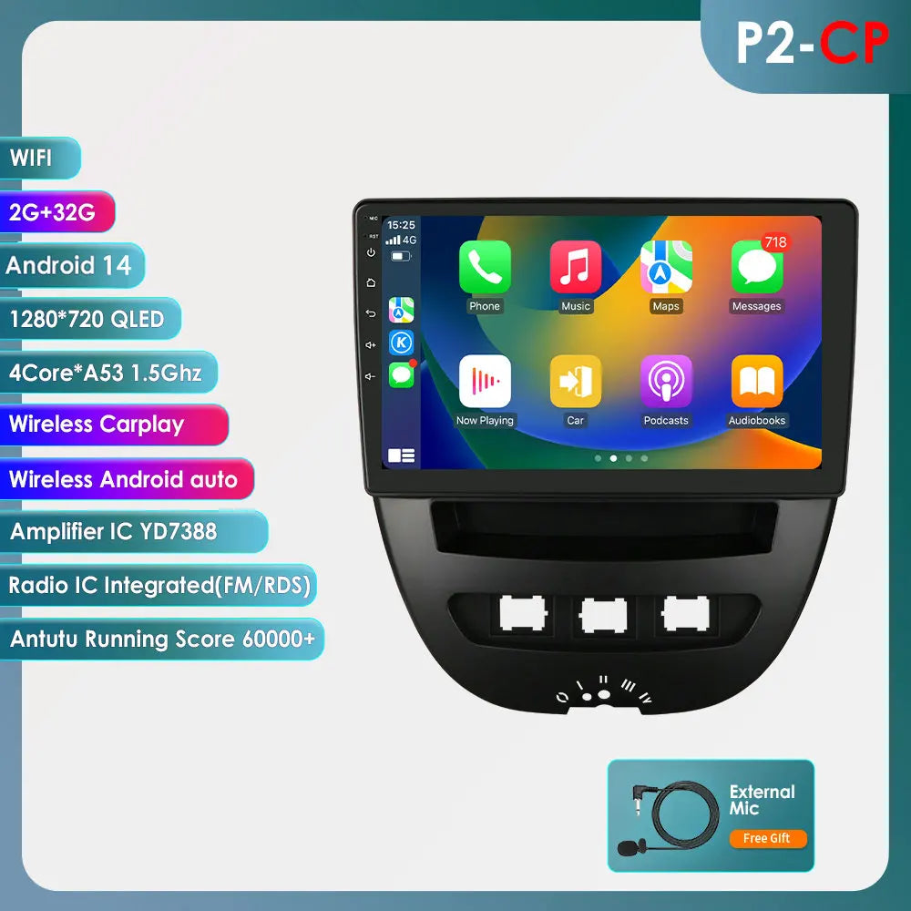 Peugeot 107 Toyota Aygo Citroen C1 9" Android 14 Carplay Android auto wireless wifi bt gps 4g AUTMH3FI