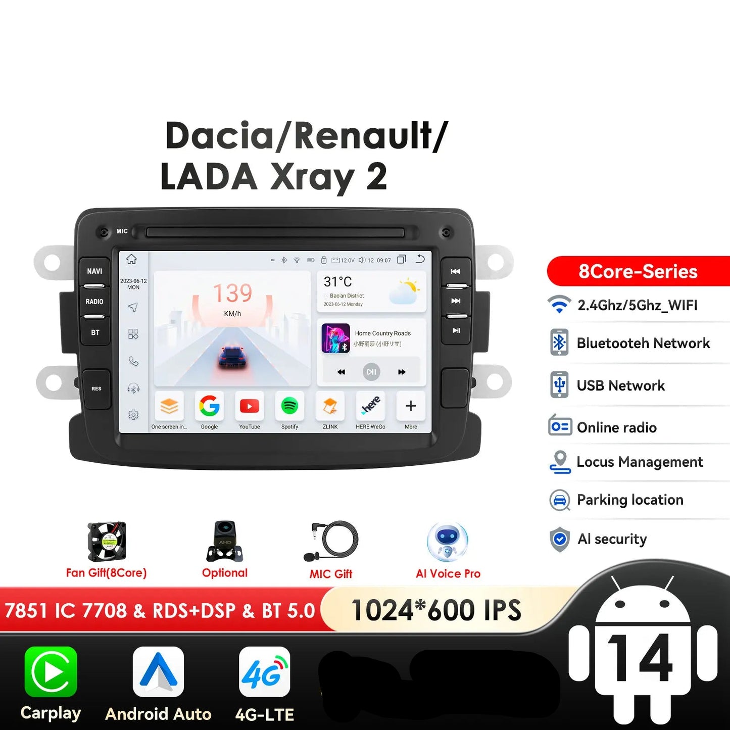 Dacia Logan Dokker Duster Sandero Lodgy Renault Captur 2011-2017 7" Android 14 Carplay Android auto wireless wifi bt gps 4g AUTMSQF6