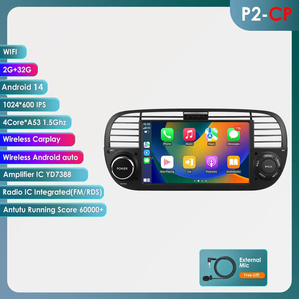 Fiat 500 2007 - 2015 7" Android 14 Carplay Android auto wireless wifi bt gps 4g AUTM7QGL