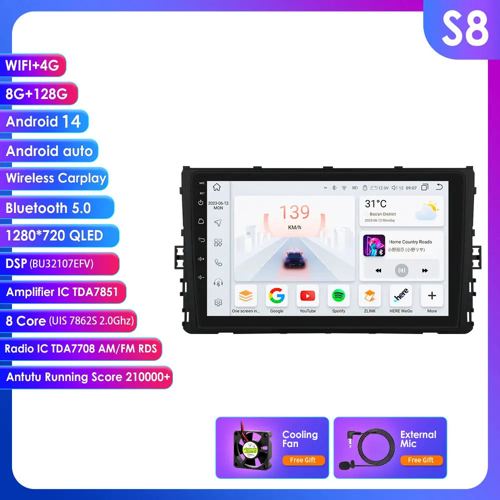 VW MQB Polo Plus T-Cross Zoals T-Kruis T-Roc Tharu Sagitar 9" Android 14 Carplay Android auto wireless wifi bt gps 4g AUTMLMGF