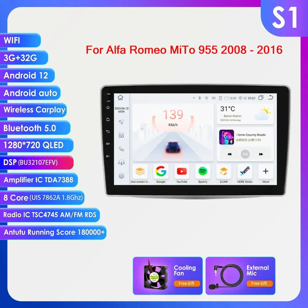Alfa Romeo MiTo 955 2008-2016 9" Android 14 Carplay Android auto wireless wifi bt gps 4g AUTM5QGH