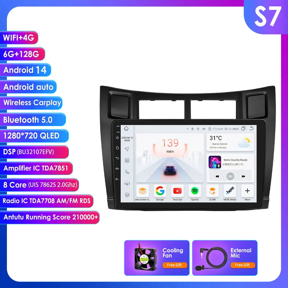 Toyota Yaris 2005-2012 9" Android 14 Carplay Android auto wireless wifi bt gps 4g AUTMT2N6