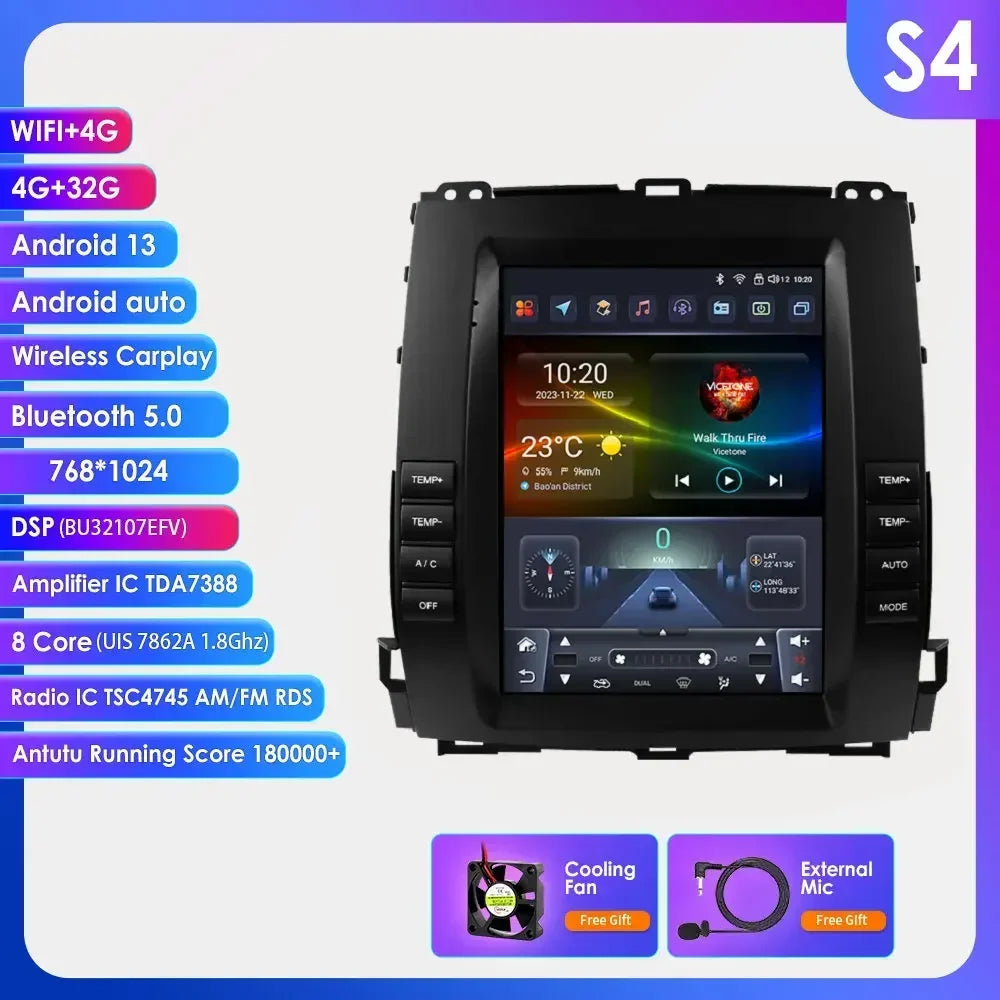 Toyota Land Cruiser Prado 120 2002-2009 Lexus GX470 9,7" Android 14 Carplay Android auto wireless wifi bt gps 4g AUTMWU0F