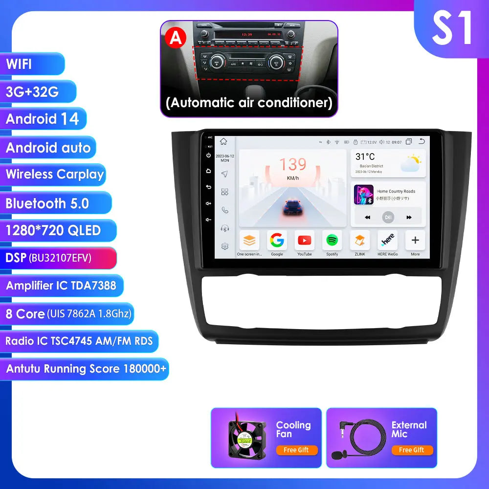 BMW 1 Series E81 E82 E87 E88 2004-2011 9" Android 14 Carplay Android auto wireless wifi bt gps 4g AUTM9KFA