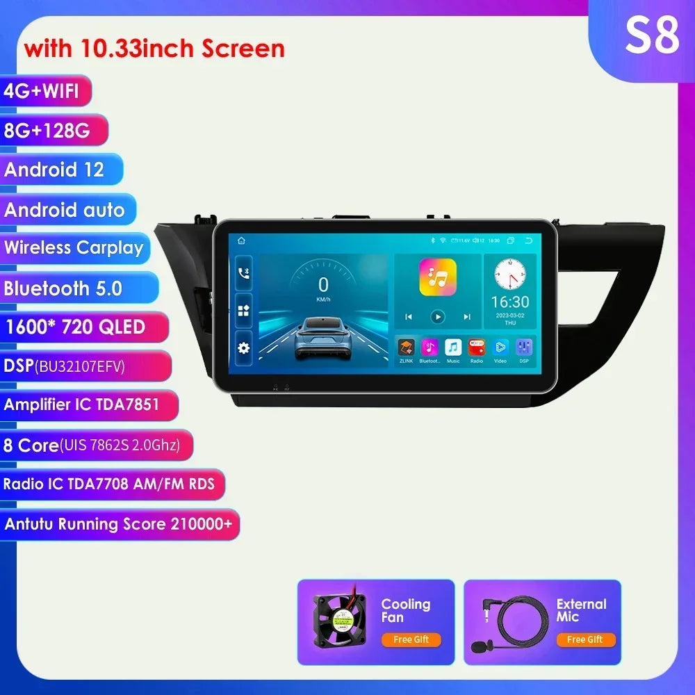 Toyota Corolla 2014-2016 9" Android 14 Carplay Android auto wireless wifi bt gps 4g AUTMCOPZT