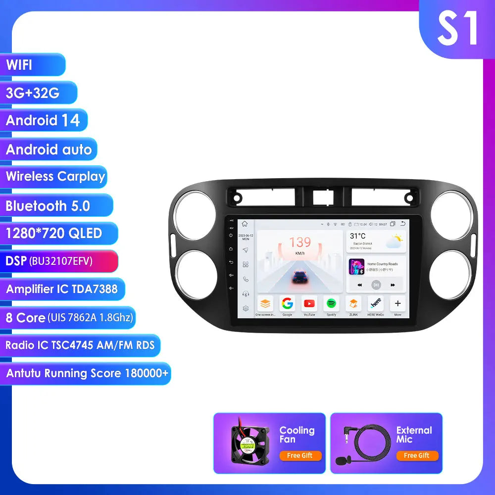 VW Volkswagen Tiguan 2006-2016 9" Android 14 Carplay Android auto wireless wifi bt gps 4g AUTMKZ2Q