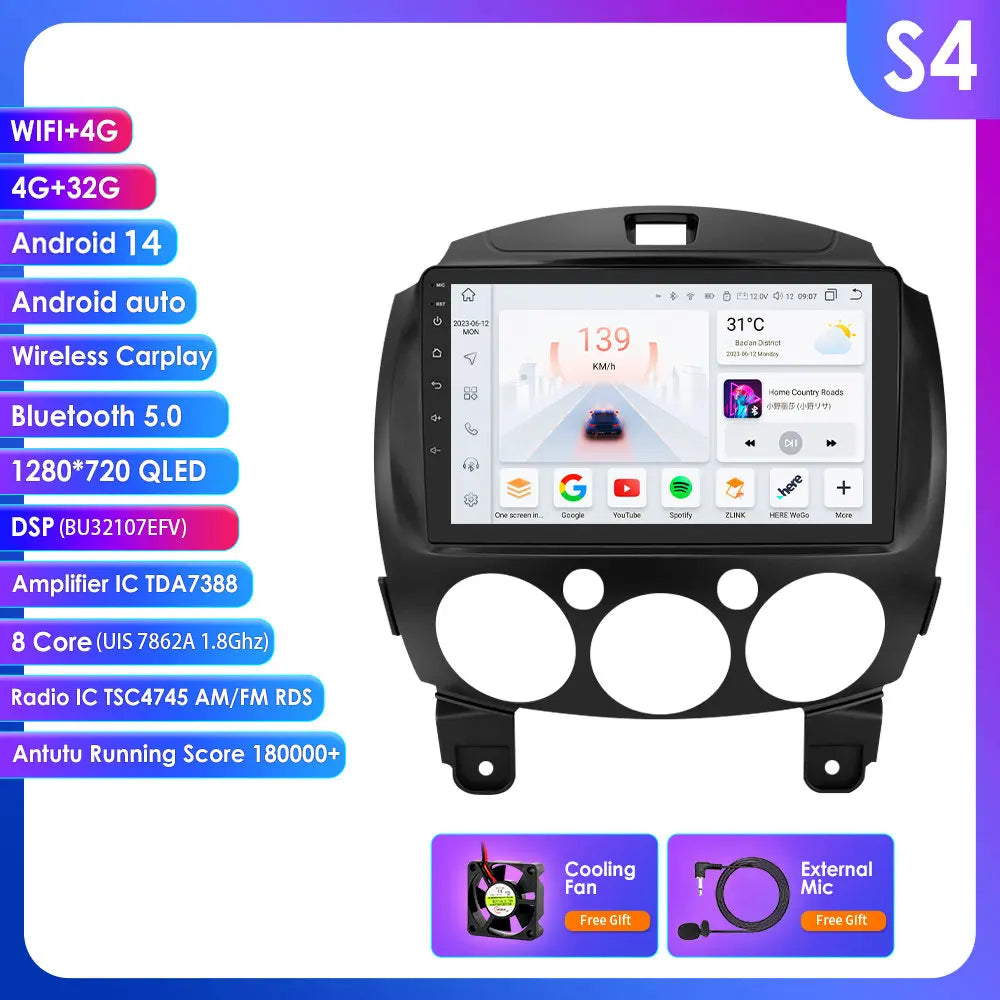 MAZDA 2 Mazda2 2007 - 2014 9" Android 14 Carplay Android auto wireless wifi bt gps 4g AUTMZVDM2