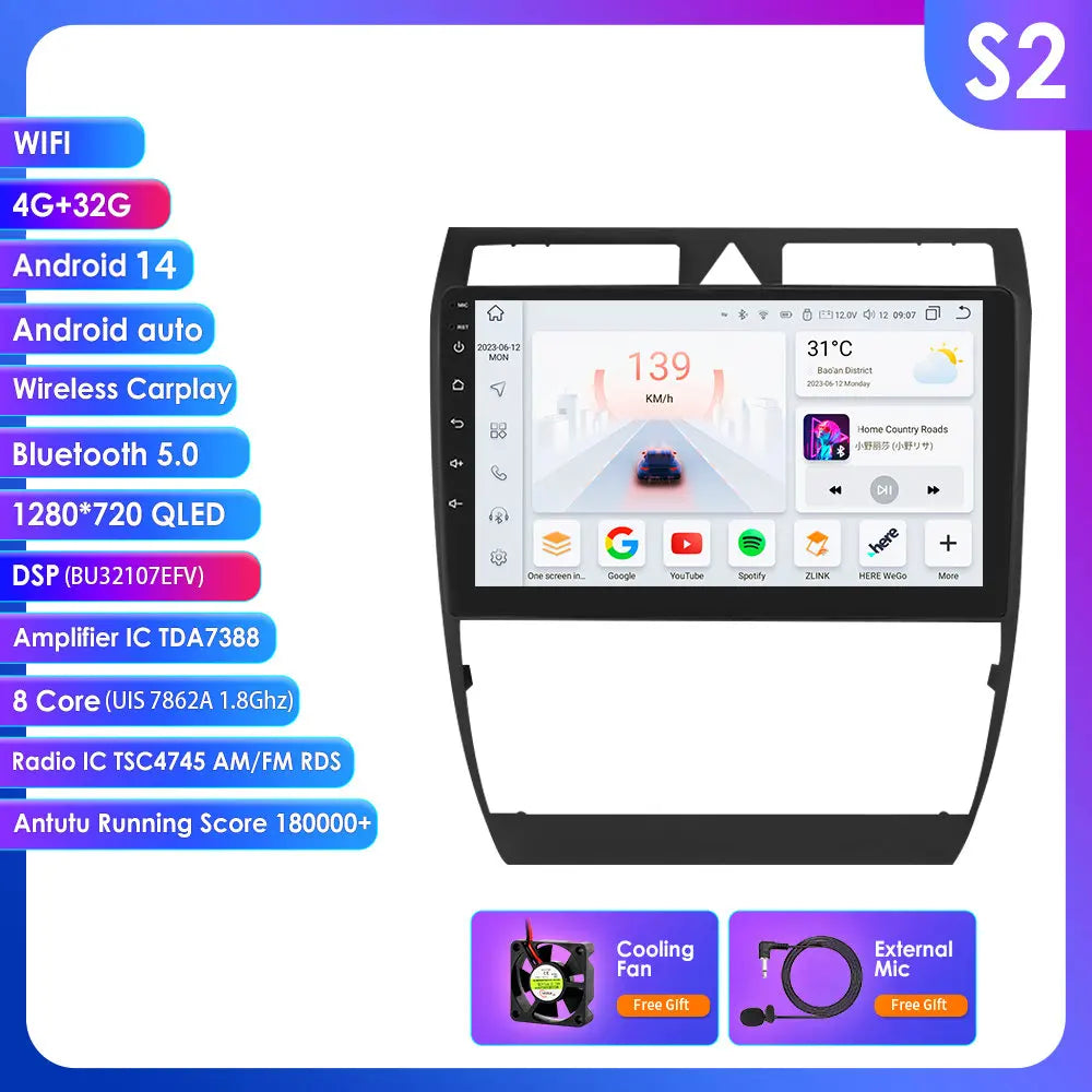 Audi A6 C5 1997-2004 S6 RS6 9" Android 14 Carplay Android auto wireless wifi bt gps 4g AUTMA9VK