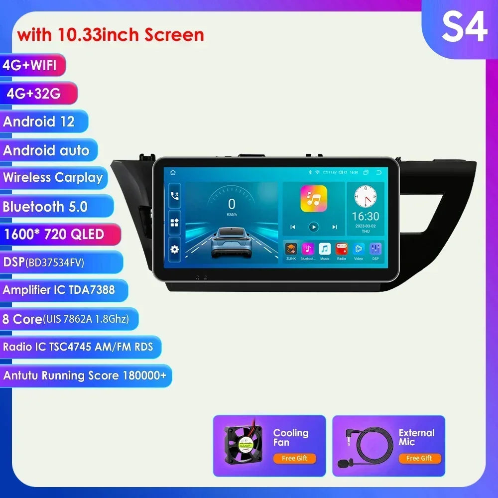 Toyota Corolla 2014-2016 9" Android 14 Carplay Android auto wireless wifi bt gps 4g AUTMCOPZT