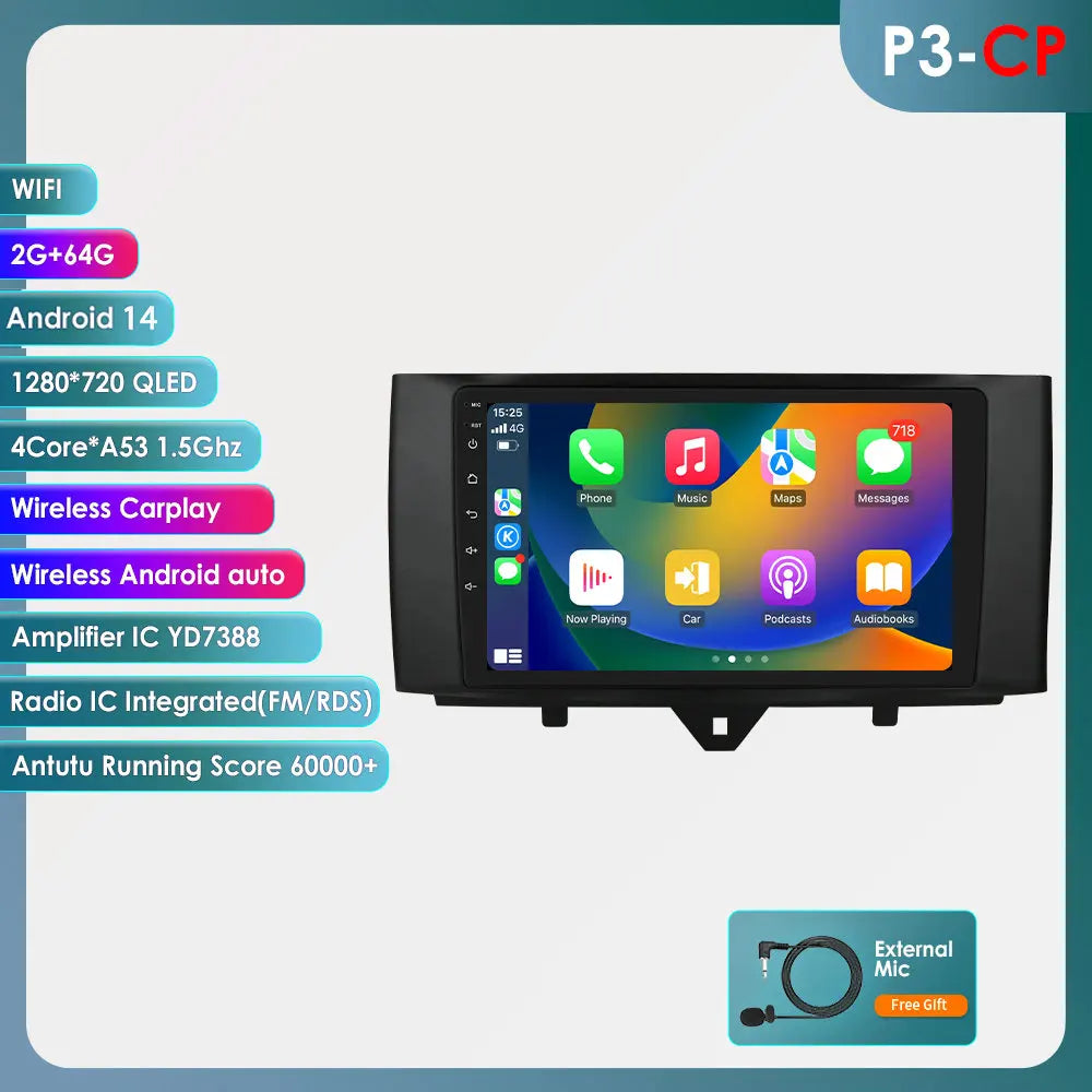 Smart Fortwo 2011-2015 9" Android 14 Carplay Android auto wireless wifi bt gps 4g AUTMD7M1