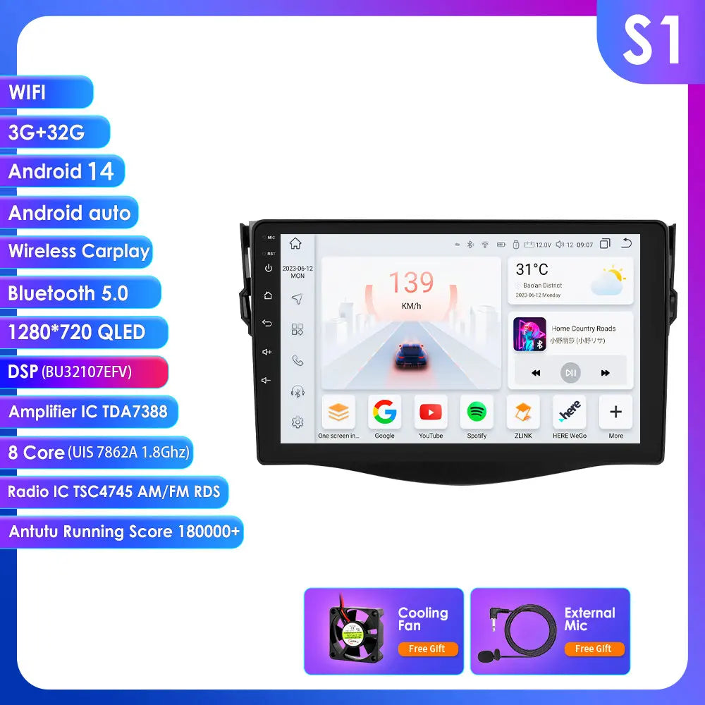 Toyota RAV4 RAV 4 2006 - 2012 9" Android 14 Carplay Android auto wireless wifi bt gps 4g AUTM6VGT