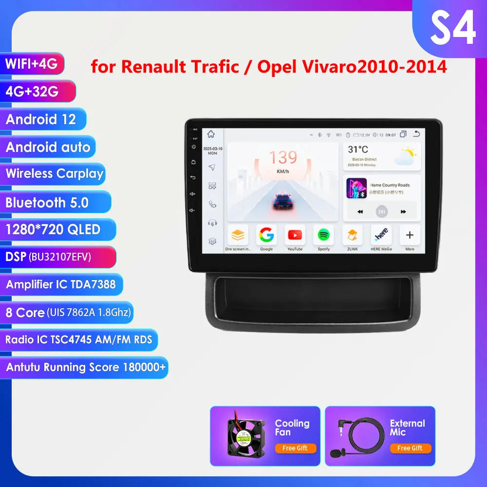 Renault Trafic Opel Vivaro 2010 - 2014 9" Android 14 Carplay Android auto wireless wifi bt gps 4g AUTMQFMG