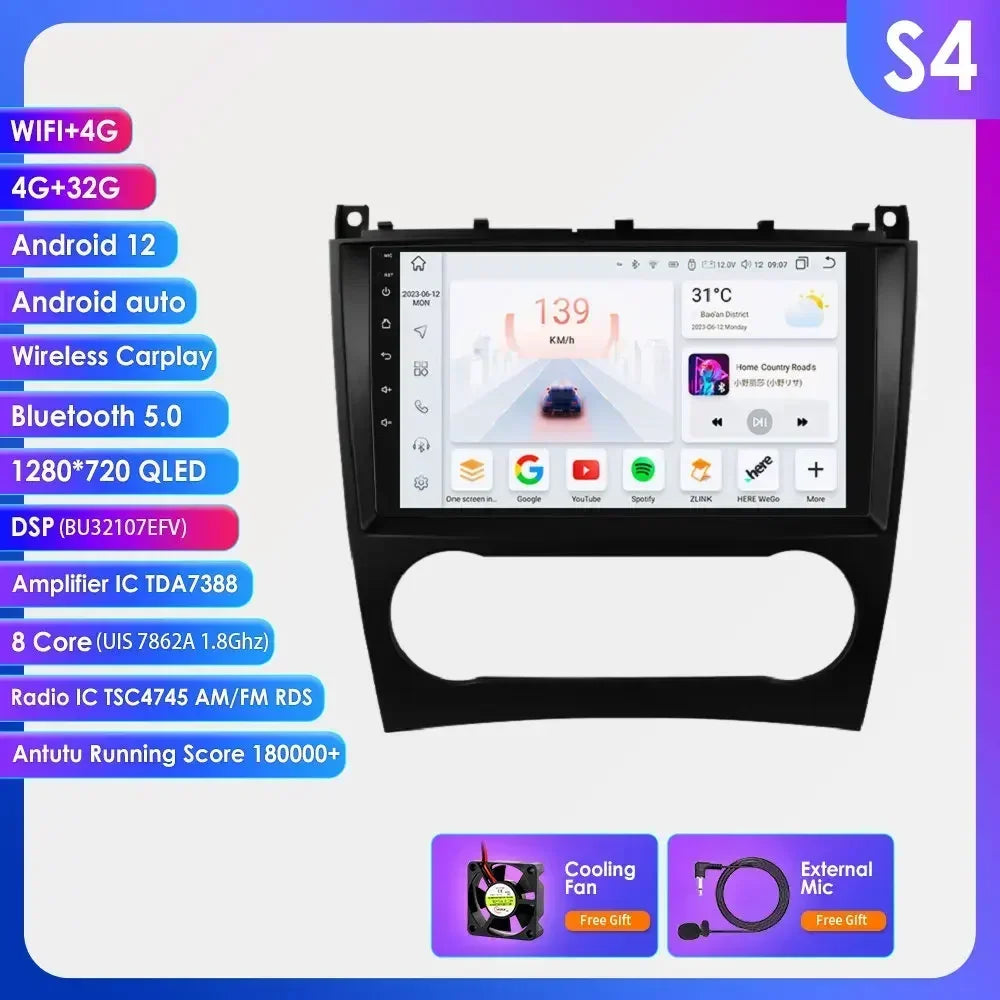 Mercedes Benz CLC W203 C-Class C180 C200 CLK200 CLK W209 9" / 10,33" Android 14 Carplay Android auto wireless wifi bt gps 4g AUTMNWKX