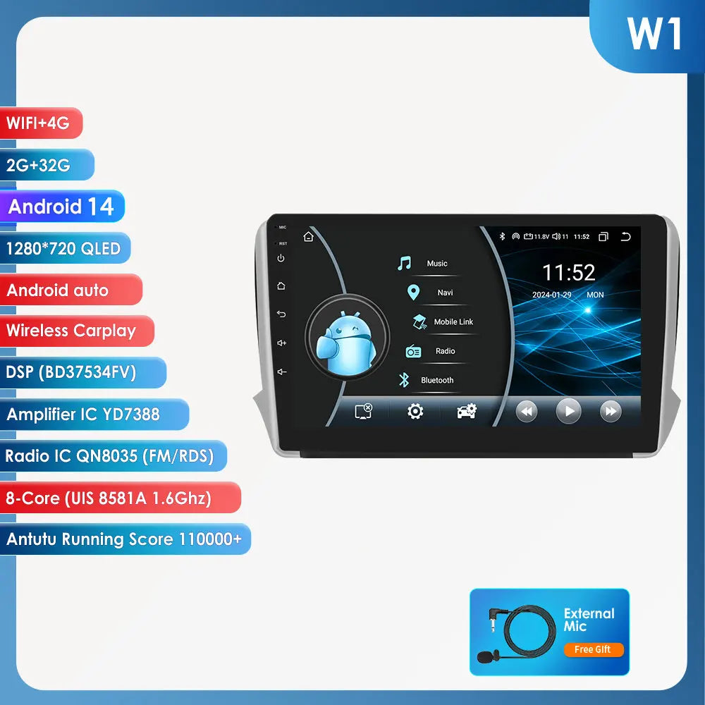 Peugeot 208 2008 Series 2012-2018 9" Android 14 Carplay Android auto wireless wifi bt gps 4g AUTM0LAH