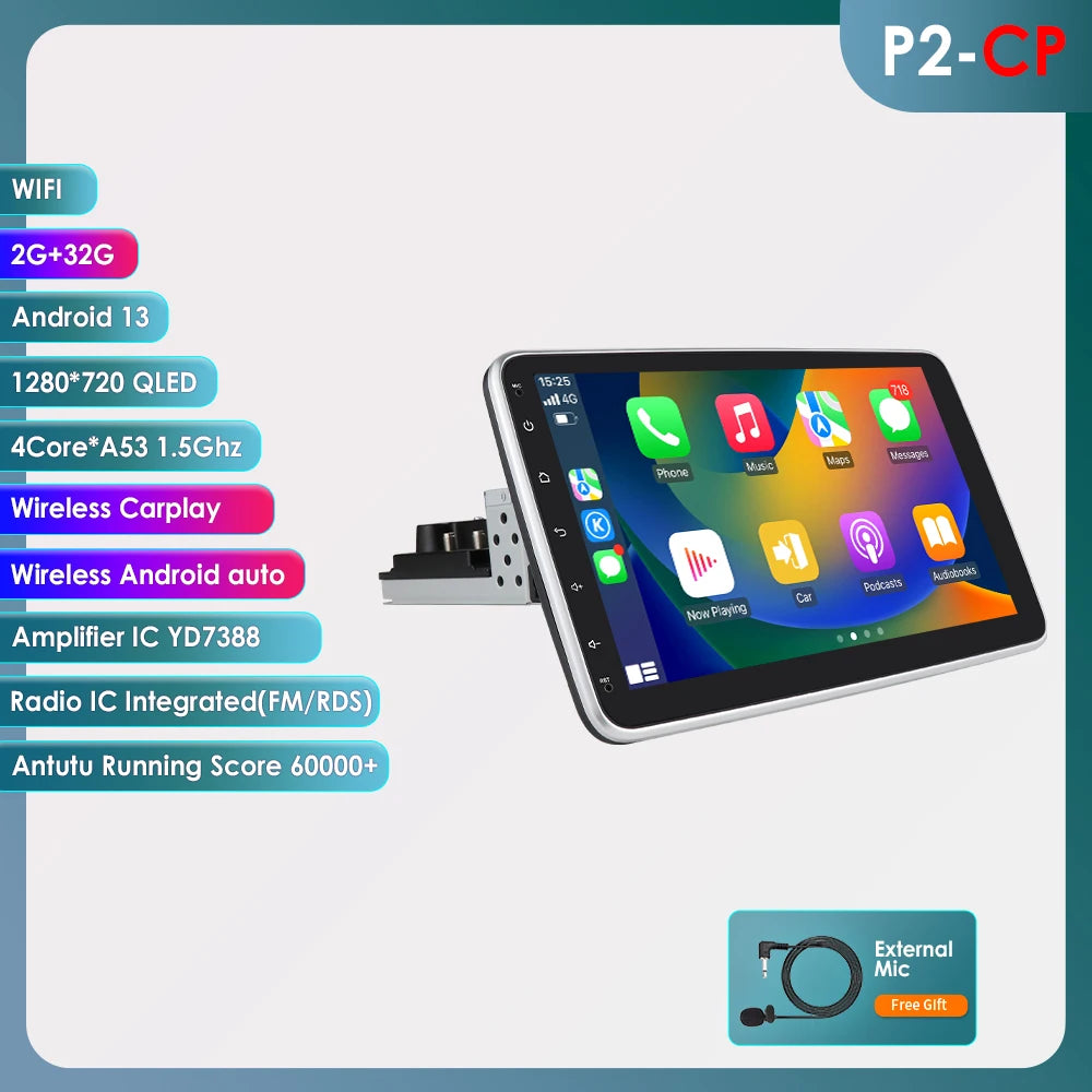 10.1" 1Din Universale Android 14 girevole a 360° Carplay Android auto wireless Radio RDS 4G DSP GPS Nav BT AUTMUNI10