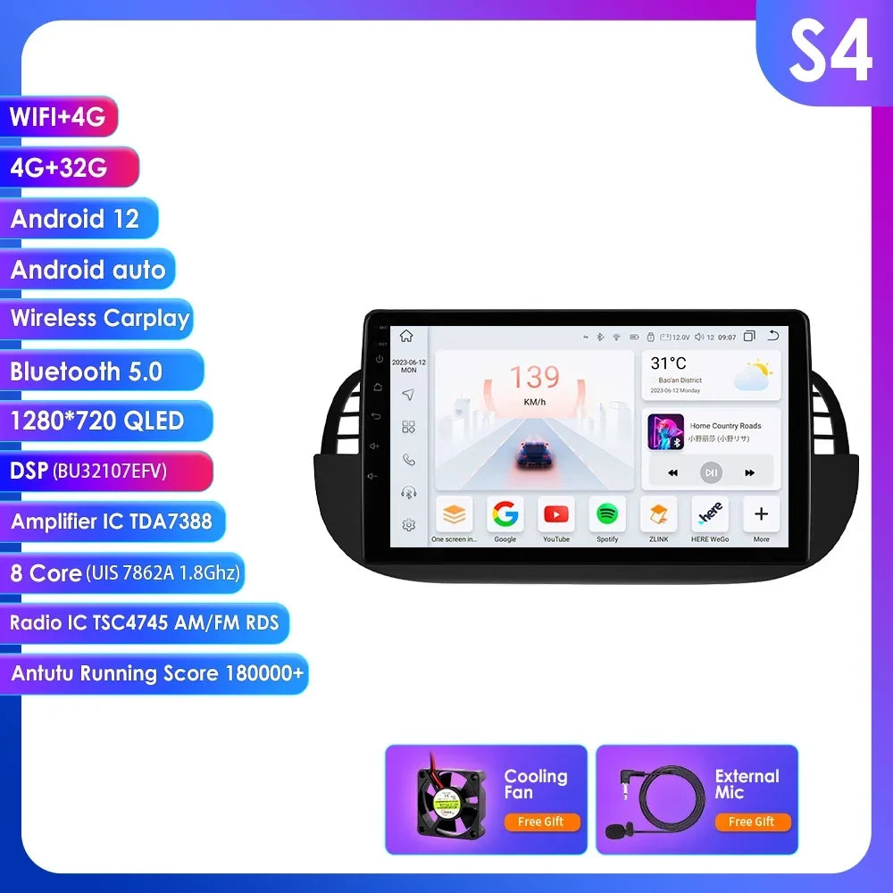 FIAT 500 2007-2015 9" Android 14 Carplay Android auto wireless wifi bt gps 4g AUTMMD9W